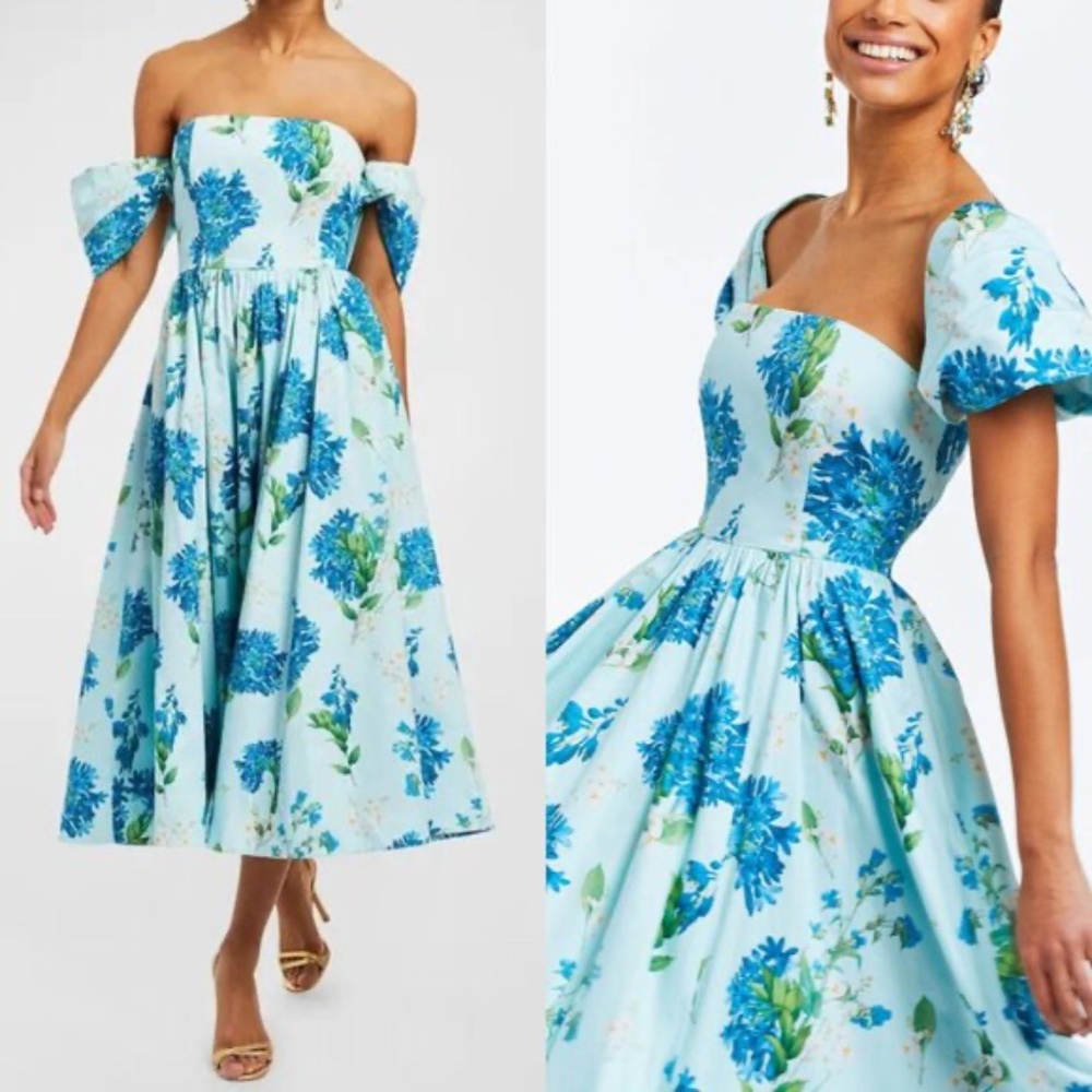 NEW Mestiza New York Odette Floral Flower Summer Hydrangea Blue Midi Dress, 4